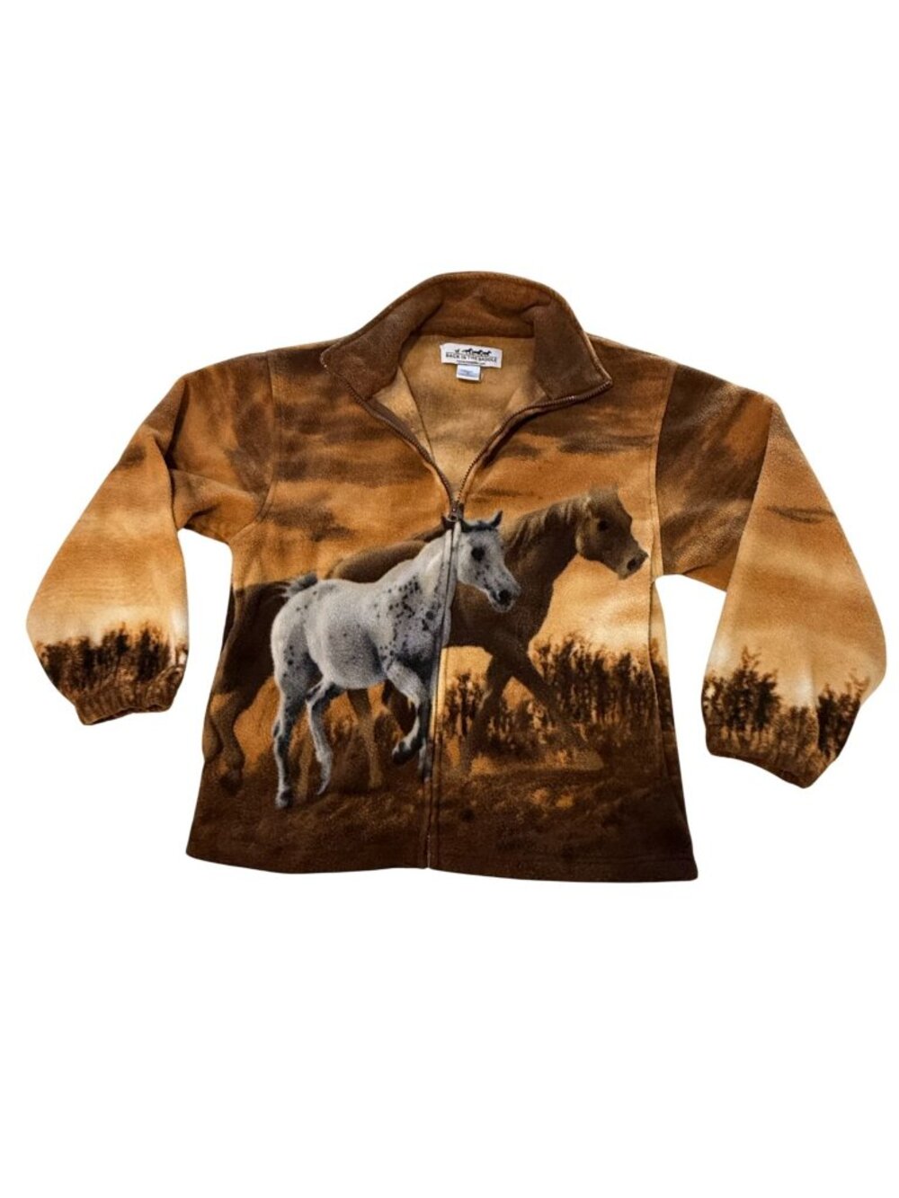 Horse-Themed Back In The Saddle Fleece Jacket With Full Front Zipper Brown small